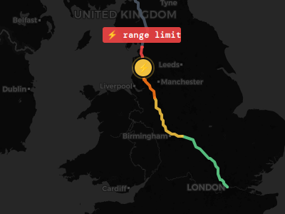 A map of the UK showing a route snaking across the UK with a stop