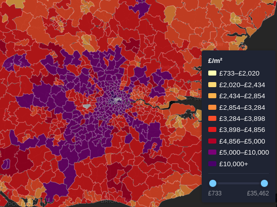 A choropleth map of the UK showing price paid per square metre for properties in England and Wales